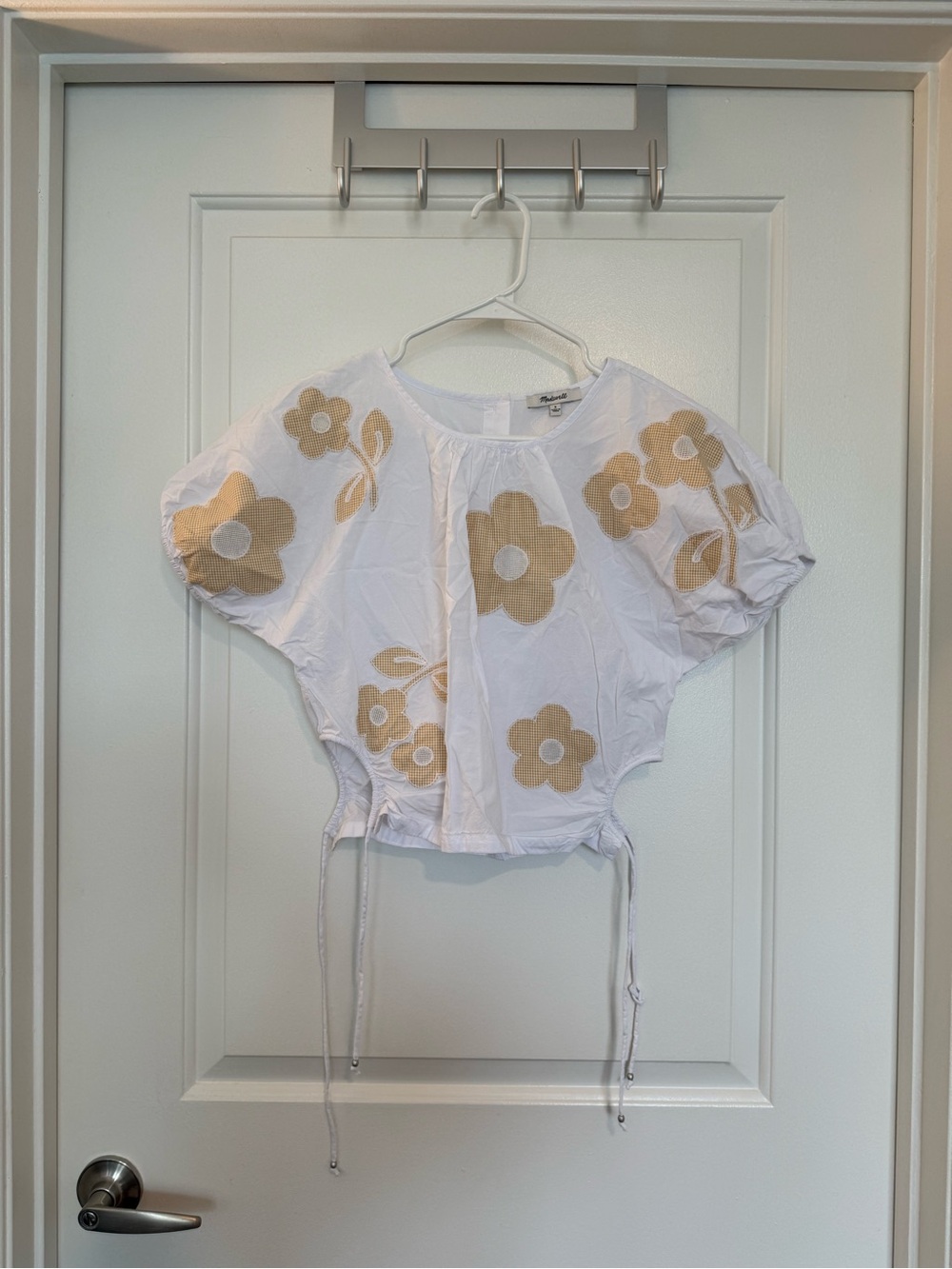 Madewell White Floral Embroidered Poplin Puff-Sleeve Crop Top